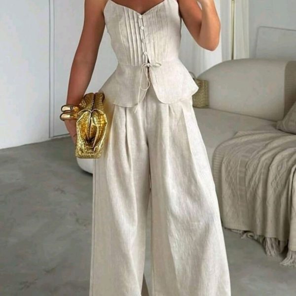 2pcs/Set White Linen Sleeveless Jumpsuit Palazzo Pants | Color: Cream | Size: Various