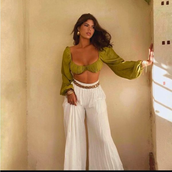 Emory Park Pants & Jumpsuits | Olive Green Blouse And White Pants Set | Color: Black | Size: M