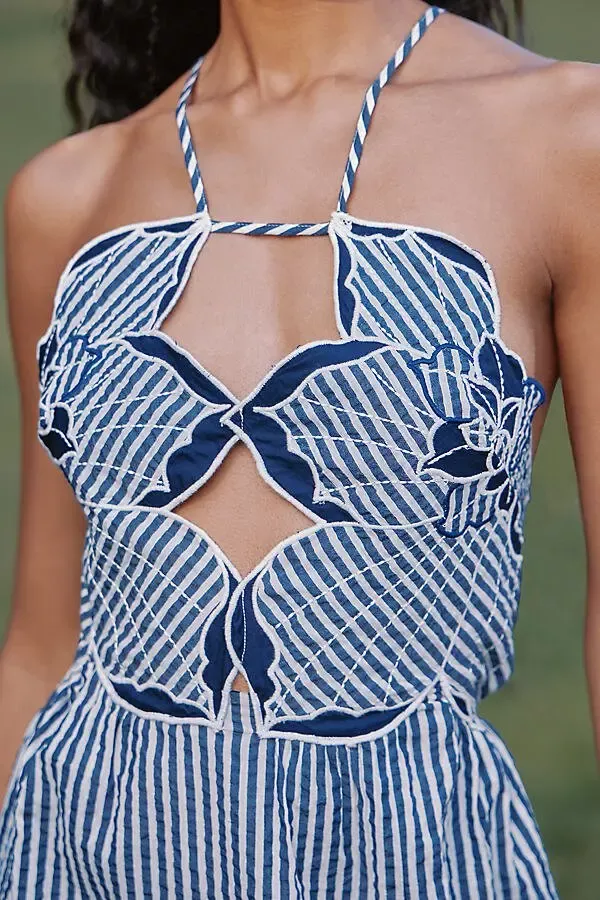 Celandine Hibiscus Cutwork Cotton Midi Dress - Blue | Editorialist