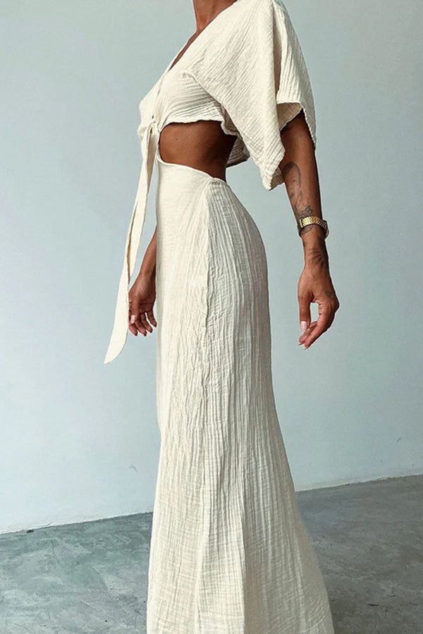 Linen Blend Slim-fitting Lace-up Hollow V-neck Maxi Dress