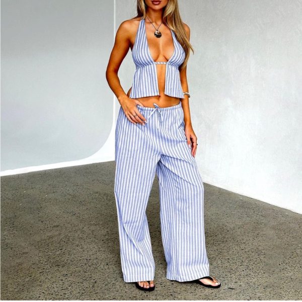 Striped Blue Halter Top And Matching Pants | Color: Blue/White | Size: M