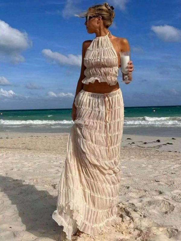 Women's Solid Color Sexy Backless Halter Neck Pleated Lace Trim Transparent Dress & Tank Top Set