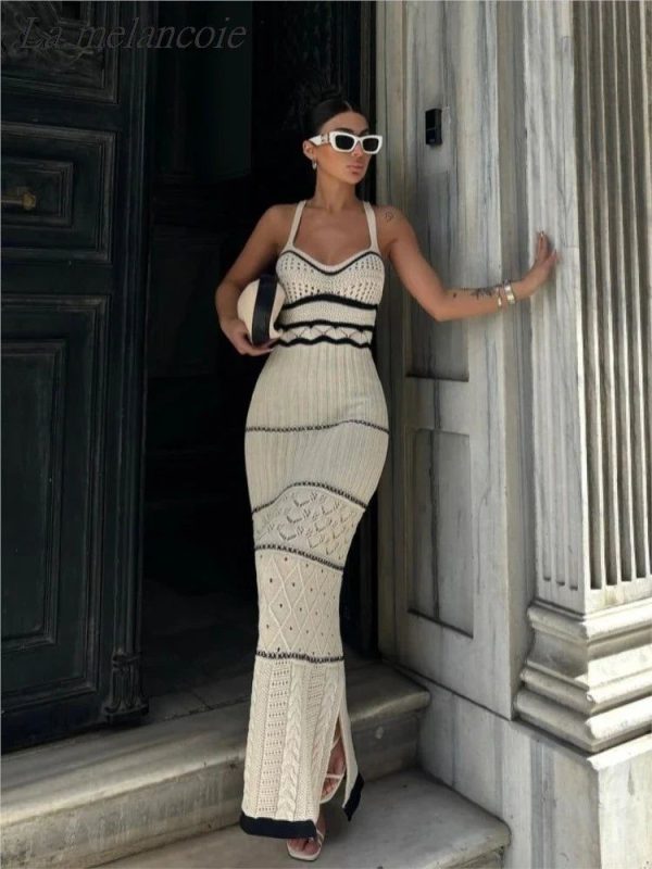 Knitted Long Dress Women Sexy Hollow Out Slim Suspenders Dresses  New Summer Sleeveless Backless Beach Holiday Party Dress - WHITE / L
