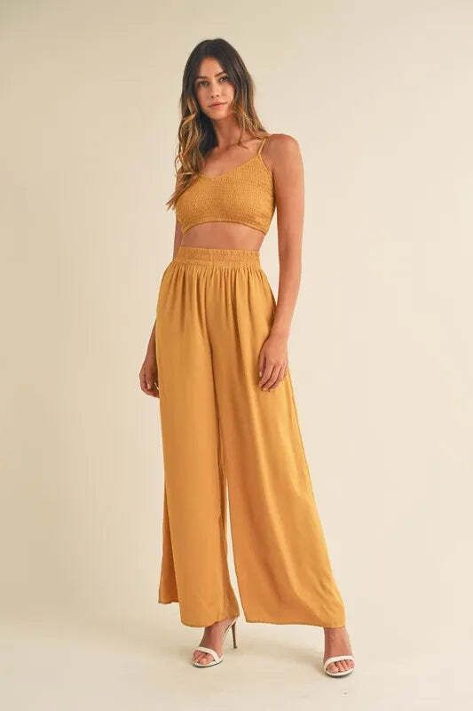 Mable Smocked Bralette Crop Top And Wide Leg Pants Set