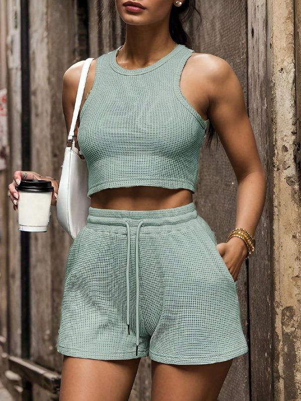 Women's Round Neck Waffle Casual Short Vest Shorts Suit