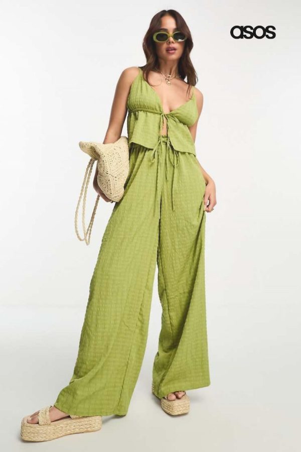 Esmee Exclusive beach textured wide leg pants in green - part of a set