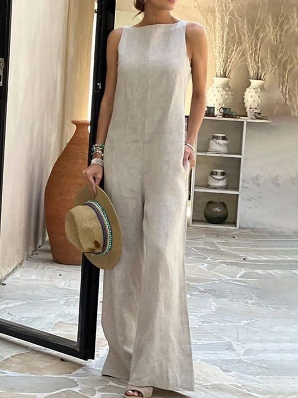 Women Plain Summer Vacation No Elasticity Regular Fit Sleeveless Boat Neck H-Line Vacation Jumpsuits