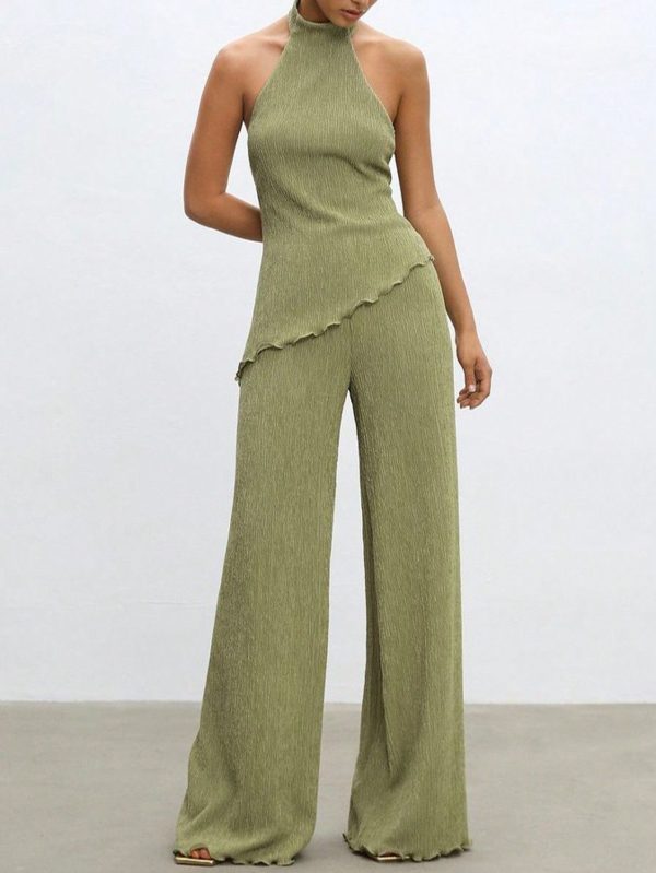 2 Piece Outfits For Women 90s Casual Boho Muse Shirt Wide Leg Pants Solid Daily Pleated Suit