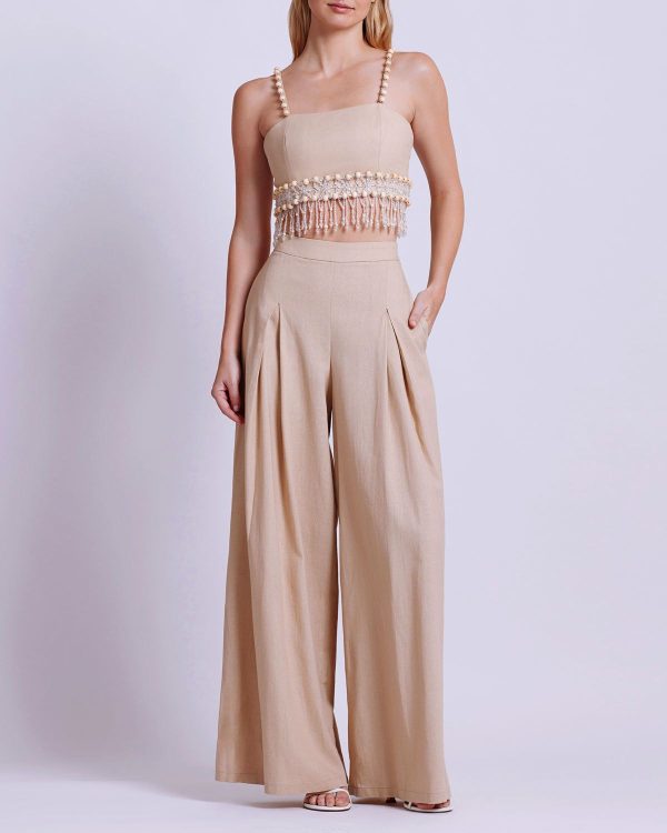 Wood and Crystal Beaded Linen Top - SAND / 4