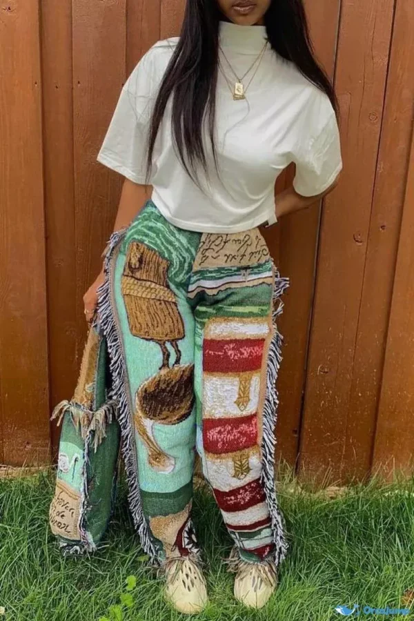 OrcaJump - Womens Green Casual Printed Tassel Patchwork High Waisted Full Length Trousers