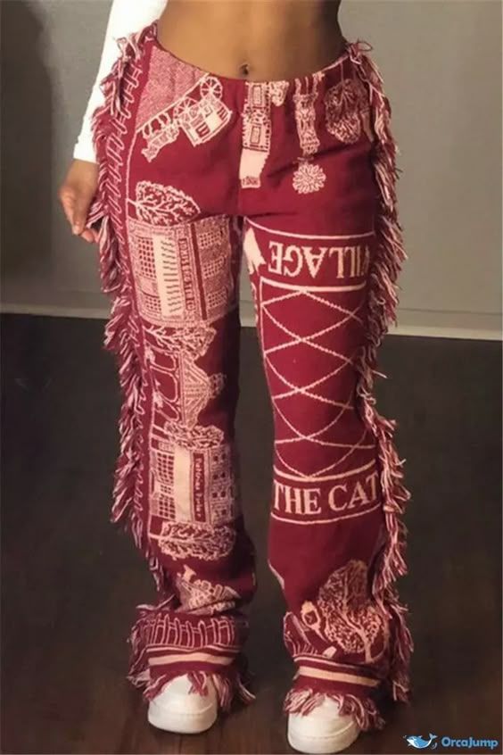 OrcaJump – Womens Pink Casual Print Tasseled Mid-Waist Trousers