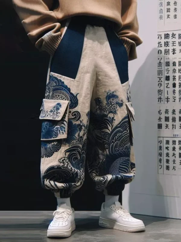 Vintage Wave Patchwork Pattern Casual Loose Drawstring Waist Pants