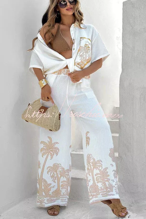 Coconut Palm Linen Blend Unique Print Oversized Shirt and Elastic Waist Pocket Loose Pants Set
