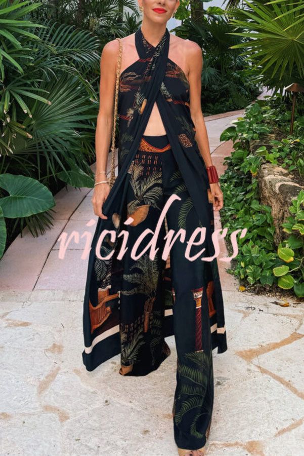 Jungle Elf Unique Print Halter Slit Midi Tank and Elastic Waist Wide Pants Set