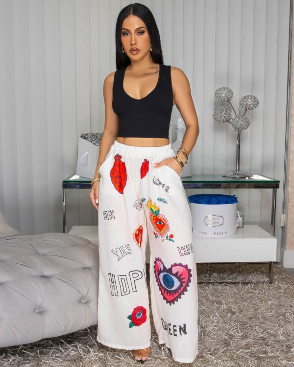 EvilEye Cream Multi-Color Print Linen Pants - OS