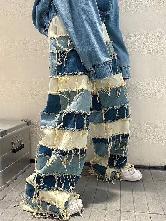 Raw Edge Contrast Color-block vintage Jeans