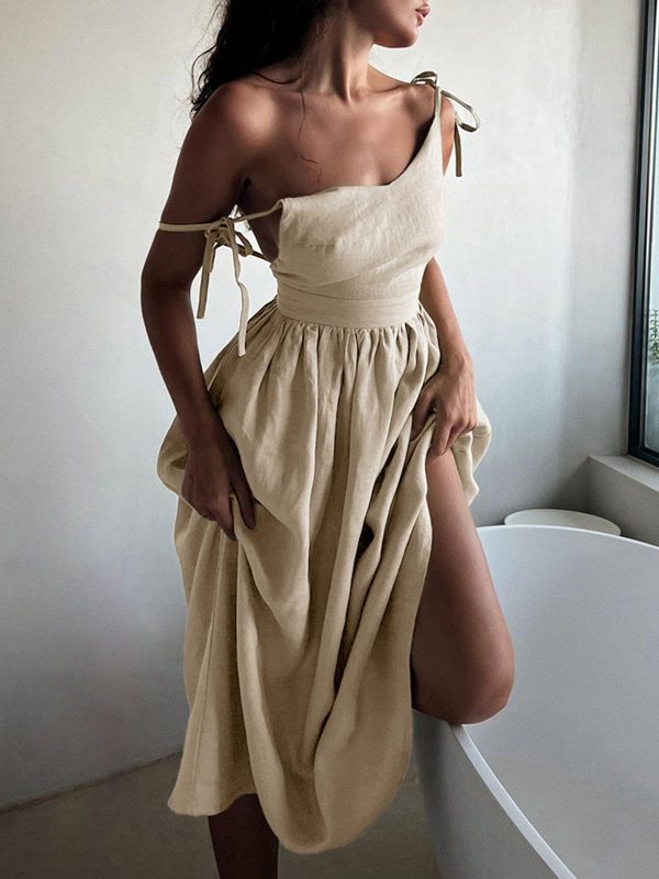Cotton & Linen Backless Long Dress - Apricot / S