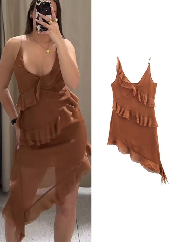 TFMLN Women Asymmetrical Spaghetti Strap Dress Summer Fashion Tierred Decoration Dress Sexy Lady V