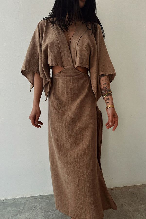 Orla Linen Blend Cutout Waist Kimono Sleeve Maxi Dress Brown-2XL