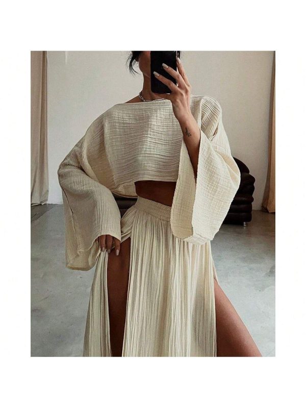 Chic Short Sleeve Linen Blend Top & High Waisted Slit Skirt Set For Casual Vacation In 2025