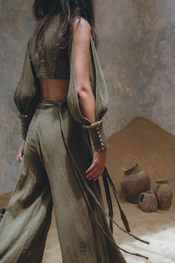 Sage Ambrosia Set * Natural Open Shoulders Crop Top * Wrap High-waist Pants * Organic Multi Cotton Boho * Bohemian Adjustable Elegant Set