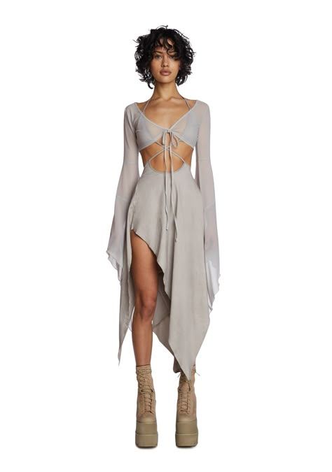 Darker Wavs Asymmetrical Mesh Wrap Midi Dress - Washed Black