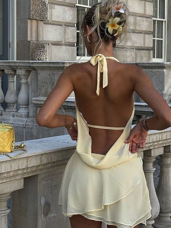 Women Sexy Deep V-neck Pleated Lace-up Halter Dress Elegant Backless High Waist A-line Dresses 2025