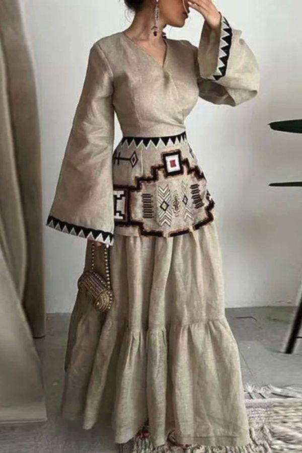 Vintage Ethnic Print Patchwork Casual Cotton Linen Loose A-Line V-Neck Flare Sleeve Boho Maxi Dress