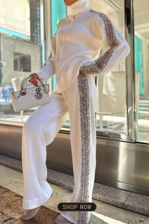 Casual Solid Sequins Turtleneck Long Sleeve Two Pieces