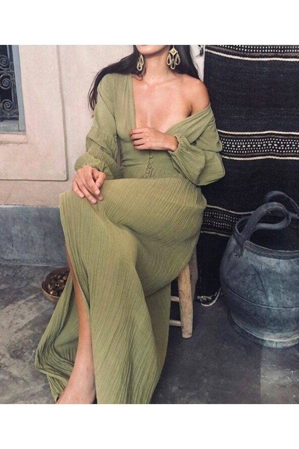 Women Boho Beach Maxi Dress Button Up Deep V Neck Full Sleeve Long Dress Fairy Grunge French Romance Holiday Clothes 928-0 L-green