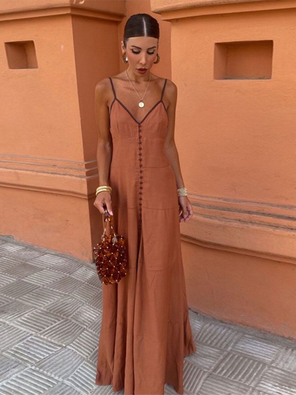 Zingj Single Breasted Ruffle Suspender Maxi Dress Women Sexy Deep V Neck Backless Slim Dreses Summer Lady Party Vacation Robes picture-L