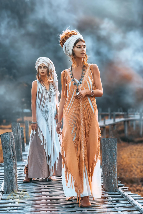 Beige Ochre Boho Handwoven Hand-Loomed See Through Dress - AYA Sacred Wear