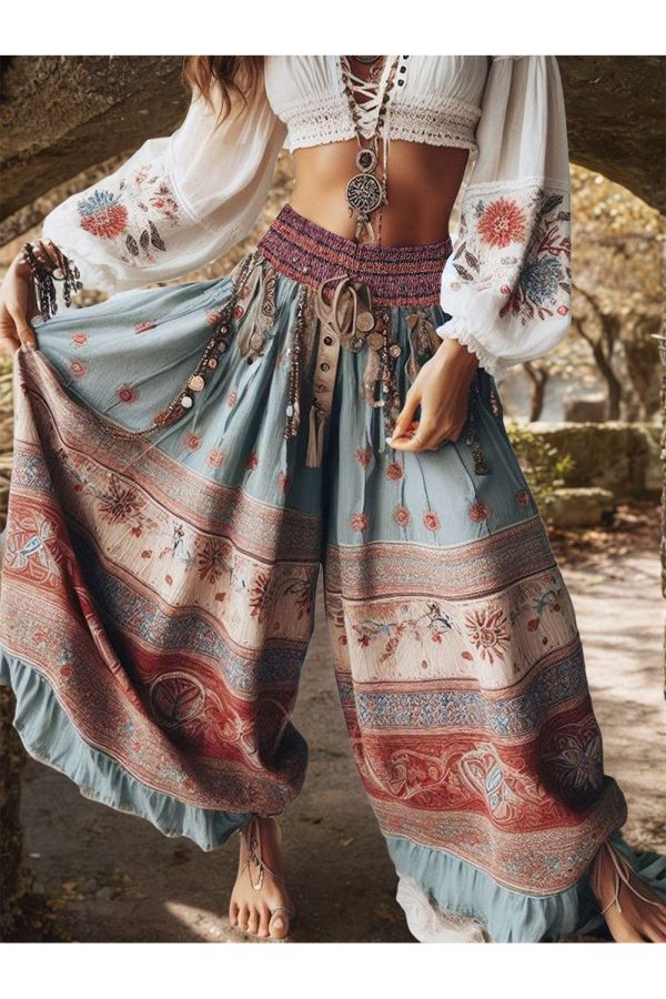 Women Casual Loose Wide Leg Pant High Waist Harajuku Chic Ethnic Retro Ruffle Hem Trousers for Women