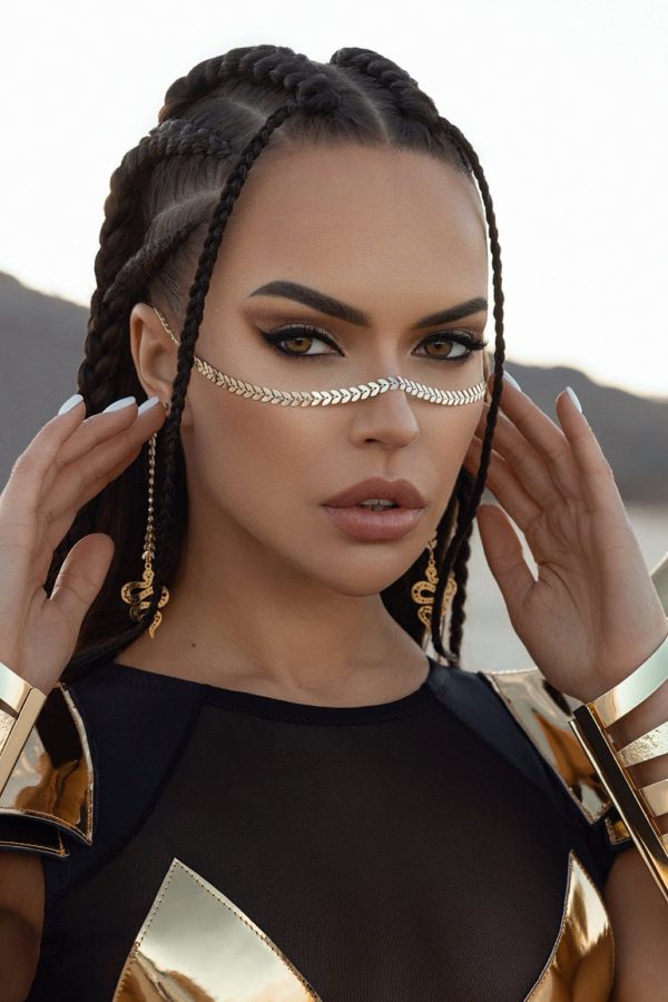 Golden Serpent Face Chain - 17K Gold Plated Festival Jewelry, Snake-Inspired Headpiece, Burning Man Face Jewelry, Warrior Goddess Accessory
