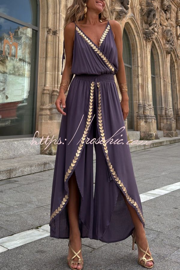 Tamia Gold Trim Elastic Waist Slit Wide Leg Slip Jumpsuit