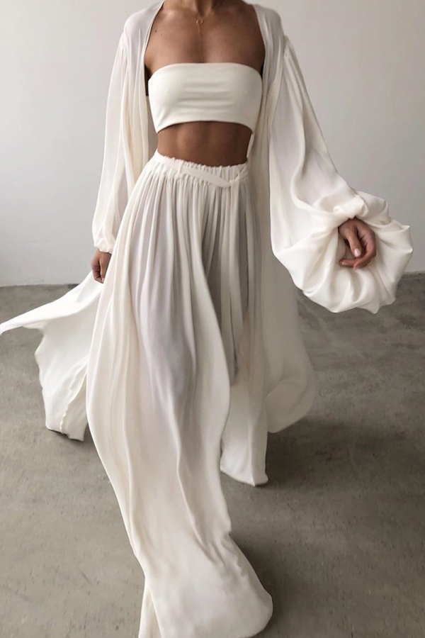 Fashion Casual Solid With Belt Strapless Three Pieces(4 colors) - White / XL