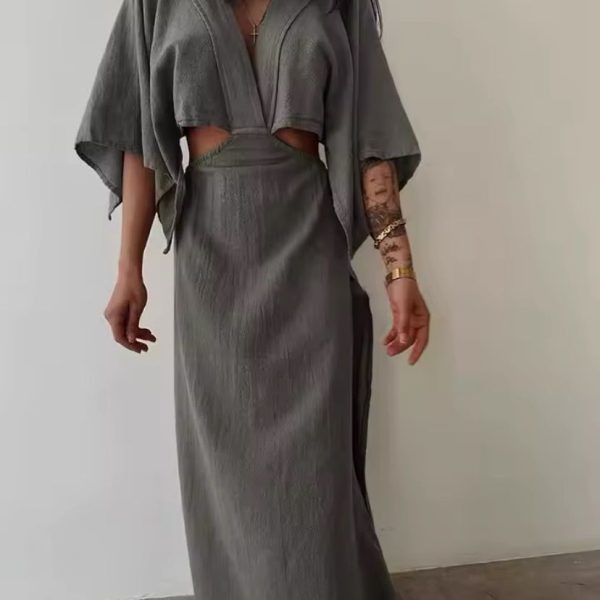 Elegant Women's Backless Dress | Color: Brown/Gray | Size: S, M, L, Xl