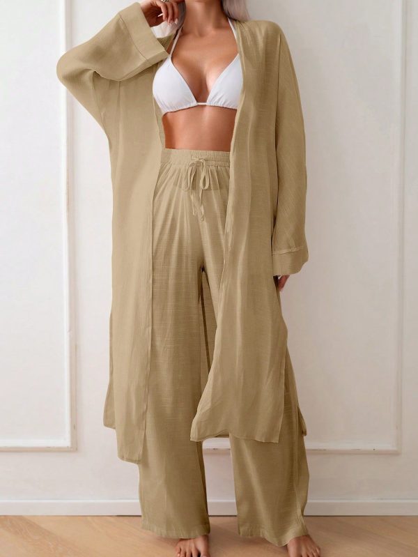 1 Set Women Solid Color Kimono Top And Pants Outfit, Minimalist Style Suitable For Summer