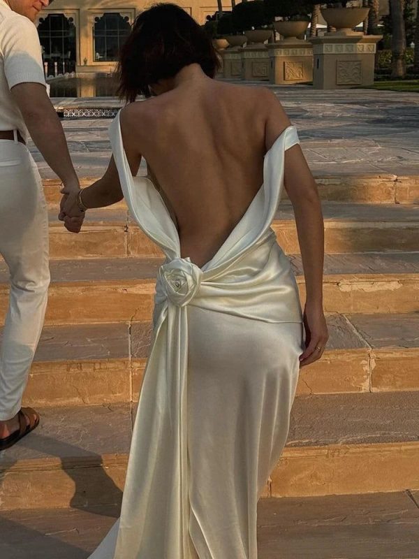 Mozision Satin Backless Sexy Maxi Dress For Women Elegant Rose Thigh High Split Beach Holiday Long Dress Gorgeous Club Gown - White / S