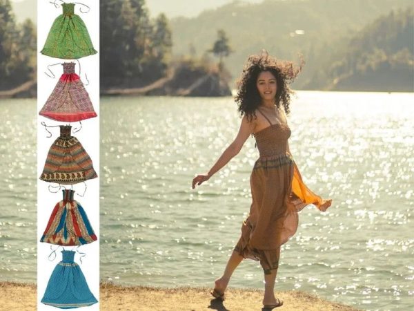 Chic 5 Pcs SILK SUMMER DRESS - Sari Festival Party Summer Dress, Boho Holiday Dress 2025