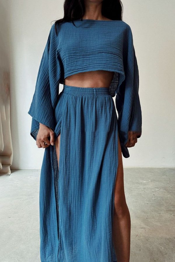 Casual Solid Slit O Neck Long Sleeve Two Pieces - Blue / S