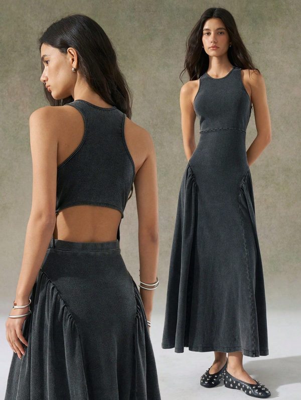 2025 New Arrival Summer Women's Black Distressed Wash Backless Design Dress