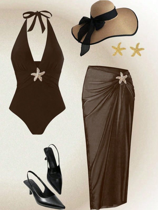 Beach Summer 2 Pieces Set For Women 2025 New Arrival Solid Color Halter One-Piece Swimsuit And Mesh Cover-Up Skirt, Summer Holiday Casual Swimwear Set
