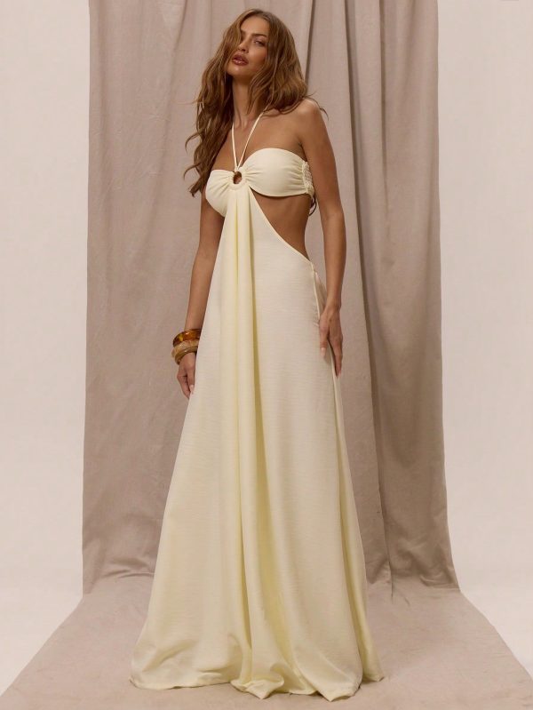 Elegant Romantic Halterneck O-Ring Detail Cut Out Sides Loose Wide Leg Jumpsuit For Spring Summer Vacation Holiday Beachwear IbizaBoho Spring Summer Vacation Beachwear