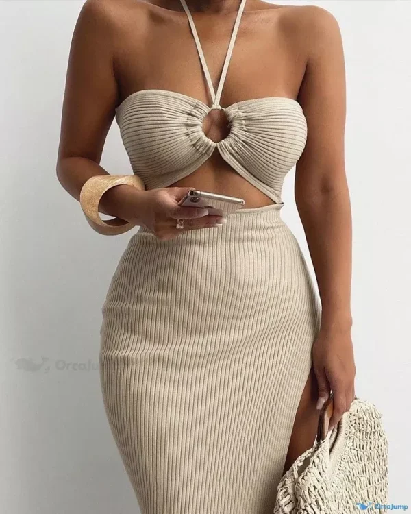 OrcaJump - Llamativo vestido con abertura alta y anilla en forma de O con detalle halter - caqui, XL(12)