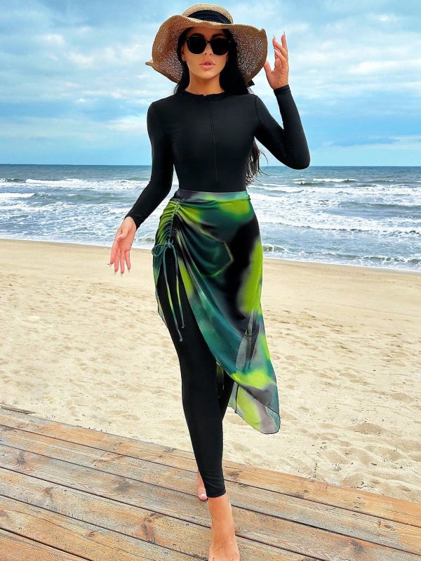 Summer Beach Tie-Dye Conservative Stand Collar One-Piece Swimsuit Arabic Clothing