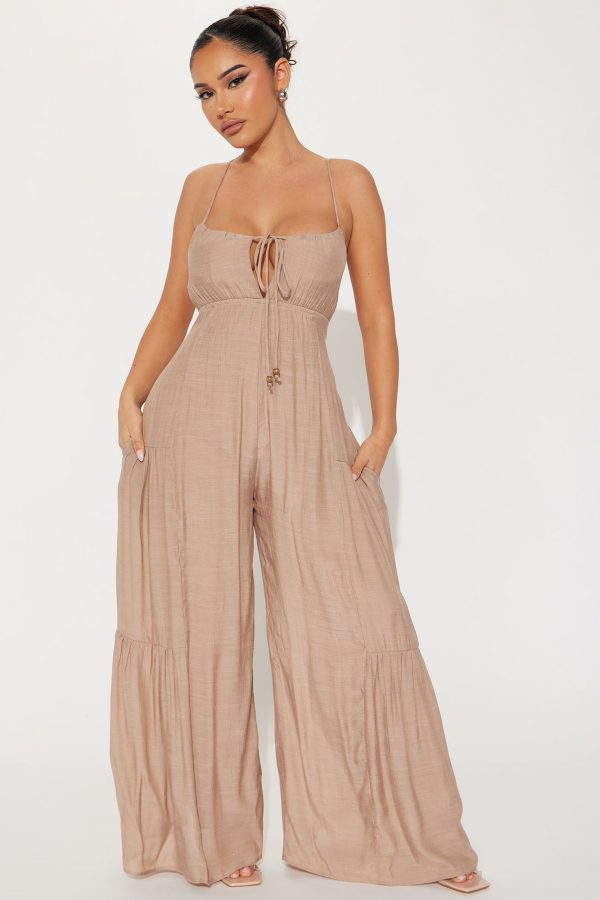 Women's Vacation Ready Gauze Jumpsuit in Mocha Size Medium