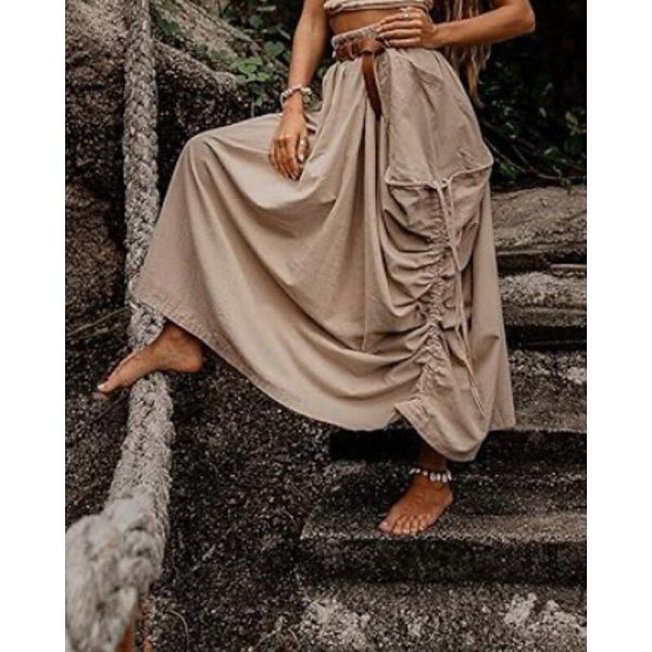 Women's Skirt Casual Boho Maxi Mid Rise Skirts Plain Pocket Micro-elastic Vacation Going out Black Army Green Red Ginger Summer Cotton Linen