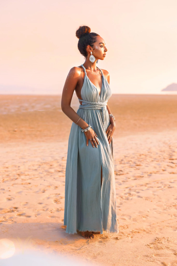 Greek Goddess Dress • Sky Blue Long Maxi Belted Dress - AYA Sacred Wear