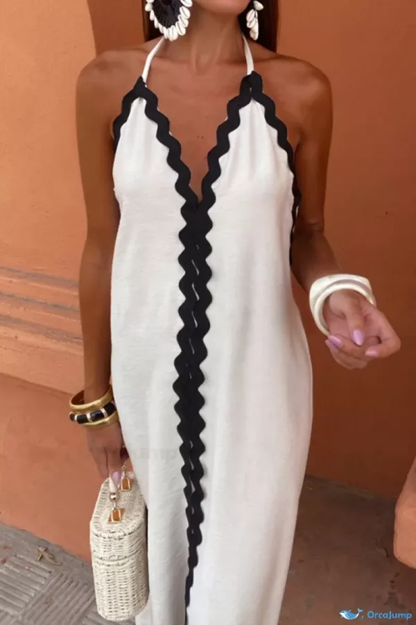 OrcaJump - Wavy Contrast Trim Lace Up Sleeveless Slip - White, M